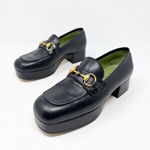 Gucci Houdan Horsebit Platform Loafers Black Leather Womens Size EU 36